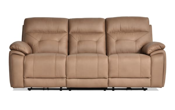 Sedona Sand Leather Power Reclining 87" Sofa with power headrest, cup holders, USB ports, wireless charging, beige leather upholstery, transitional style.