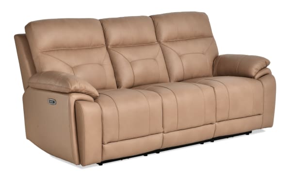 Sedona Sand 87" transitional leather power reclining sofa with power headrest, cup holders, USB ports, and wireless charging, beige vinyl accents.