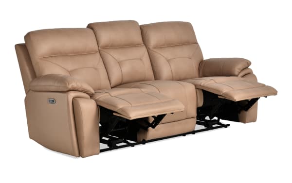 Sedona Sand Leather Power Reclining 87'' Sofa with power headrest, cup holders, USB ports, wireless charging, beige leather upholstery, transitional style.