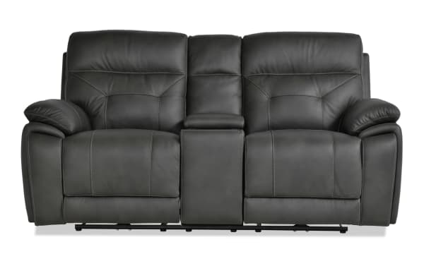 Sedona Charcoal Leather Power Reclining 77'' Console Loveseat with power headrest, cup holders, USB ports, wireless charging, and memory foam.