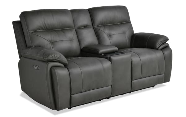 Sedona Charcoal Leather Power Reclining 77'' Console Loveseat with power headrest, memory foam cushions, cup holders, USB ports, and wireless charging.