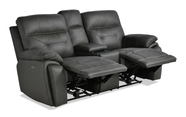 Sedona Charcoal Leather Power Reclining 77'' Console Loveseat with power headrest, cup holders, memory foam, USB ports, wireless charging, gray leather upholstery, transitional style.