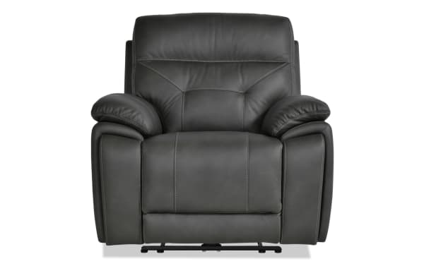 Sedona Charcoal Leather Power Recliner with power headrest, transitional style, gray leather upholstery, padded armrests, and built-in USB ports.