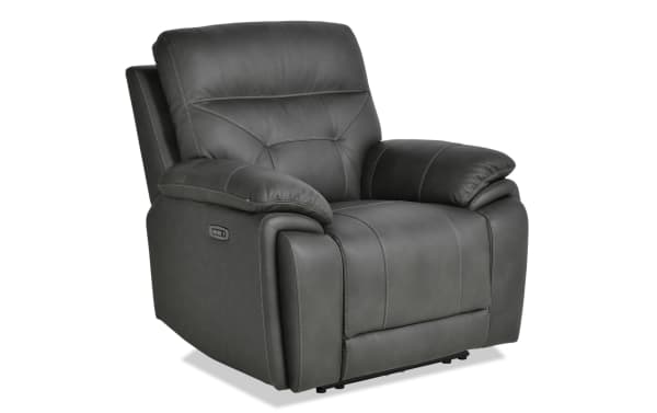 Sedona Charcoal Leather Power Recliner with power headrest and USB ports, transitional style in gray leather and vinyl upholstery.