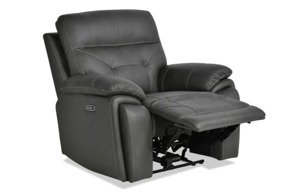 Sedona Charcoal Leather Power Recliner with power headrest and USB ports, transitional style in gray leather and vinyl upholstery.