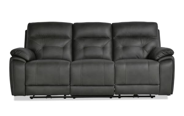 Sedona Charcoal Leather Power Reclining 87'' Sofa with power headrest, cup holders, USB ports, wireless charging, and gray transitional leather upholstery.
