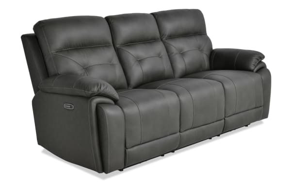Sedona Charcoal Leather Power Reclining 87'' Sofa with power headrest, USB ports, wireless charging, gray leather upholstery, transitional style.