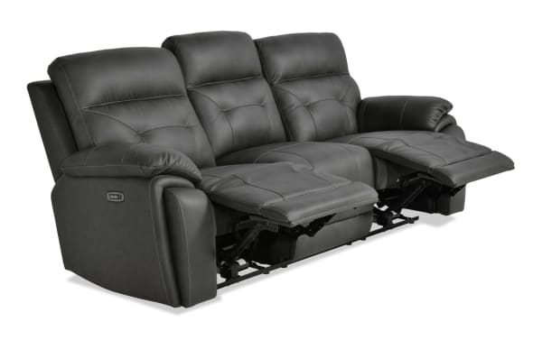 Sedona Charcoal Leather Power Reclining 87" Sofa with power headrest, cup holders, USB ports, wireless charging, and transitional gray leather upholstery.