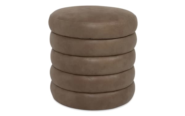 Blair Cognac Storage Ottoman in brown polyester fabric with contemporary round stacked design and hidden lift-top storage for clutter-free living.