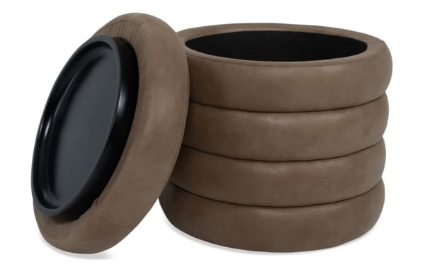 Contemporary Blair Cognac Storage Ottoman in brown polyester fabric with round, cushioned design and hidden lift-top storage for clutter organization.