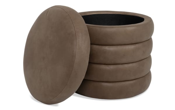 Blair Cognac Storage Ottoman in brown polyester fabric with contemporary stacked ring design and removable cushioned lid for hidden storage.