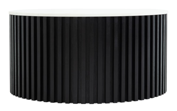 Sienna Black & White Marble Round Coffee Table with contemporary mango wood slatted black base and smooth white marble top