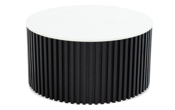 Contemporary Sienna Black & White Marble Round Coffee Table with white marble top and black mango wood slatted base for stylish living rooms