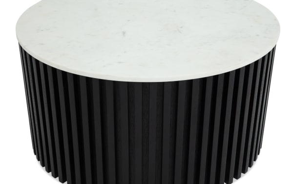Sienna Black & White Marble Round Coffee Table with a white marble top and black mango wood slatted base, contemporary style.