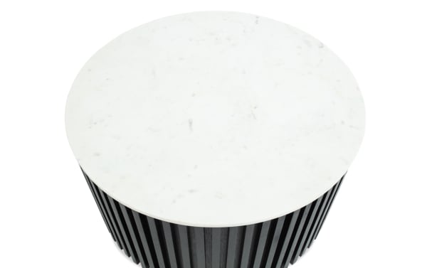 Sienna Black & White Marble Round Coffee Table with white marble top and black mango wood slatted base, contemporary style living room furniture.