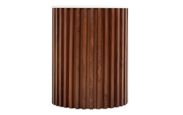 Sienna Dark Brown & White Marble Round End Table with contemporary mango wood slatted frame and smooth white marble top for stylish living spaces.