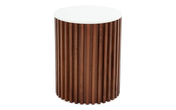 Sienna Dark Brown & White Marble Round End Table with contemporary mango wood slatted base and smooth white marble top for stylish living spaces.