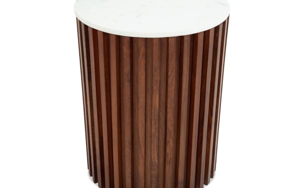 Sienna Dark Brown & White Marble Round End Table with contemporary mango wood slatted base and smooth white marble top for stylish living spaces.