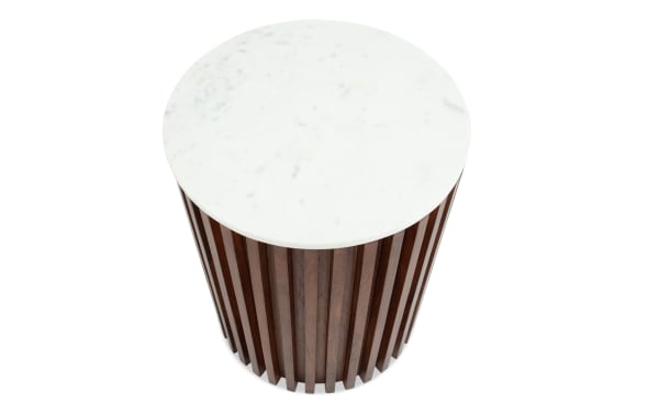 Sienna contemporary round end table with dark brown mango wood slatted base and smooth white marble top, perfect for stylish living spaces.