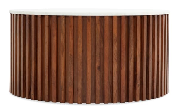 Sienna Dark Brown & White Marble Round Coffee Table with contemporary mango wood slatted base and smooth white marble top for stylish living rooms