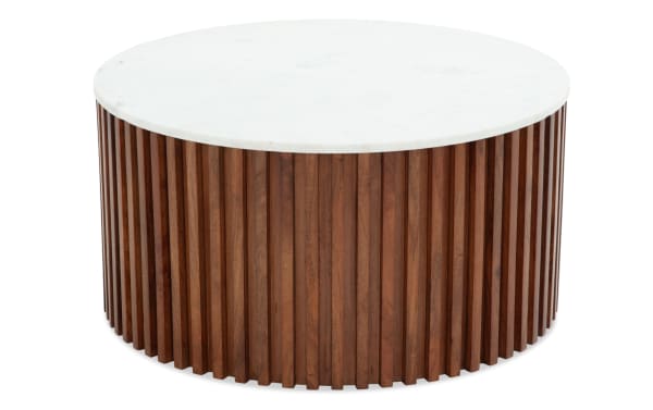 Sienna Dark Brown & White Marble Round Coffee Table with contemporary mango wood slatted base and smooth white marble top for stylish living rooms.
