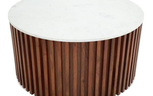 Sienna Dark Brown & White Marble Round Coffee Table with contemporary mango wood slatted base and smooth white marble top for stylish living rooms.