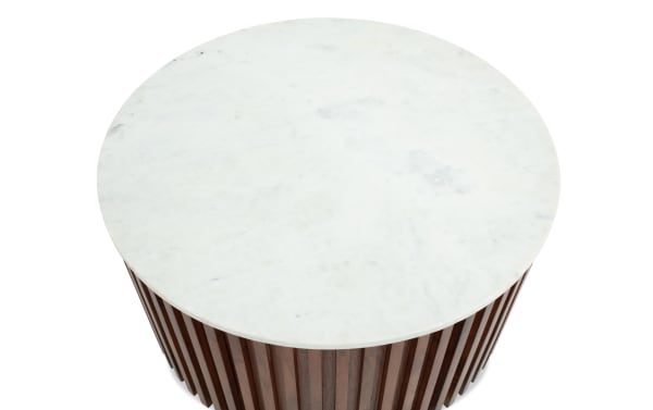Contemporary Sienna round coffee table with white marble top and dark brown mango wood slatted base, stylish living room centerpiece.