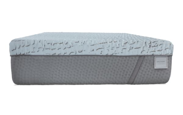 Enchant 16'' Twin XL Ultra Plush Mattress with light blue cooling cover, gray quilted sides, CertiPUR-US® foam, and motion isolation.
