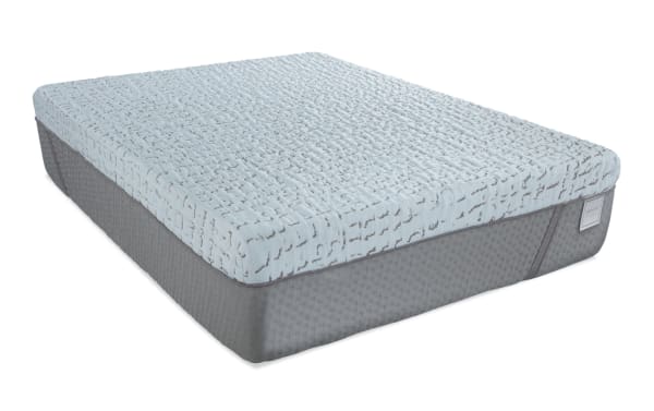 Enchant 16'' King Firm Mattress from the Enchant collection, featuring a light blue textured cooling cover with gray quilted sides, designed for firm support and temperature regulation.