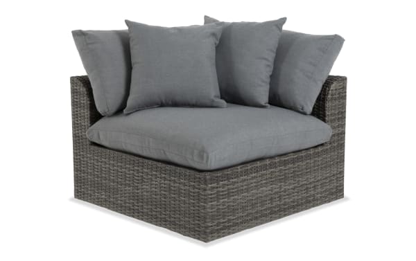 Dream Gray Wicker Outdoor Corner Chair with gray polyester cushions, all-weather wicker, aluminum frame, and reversible fade-resistant cushions from Dream Outdoor collection.