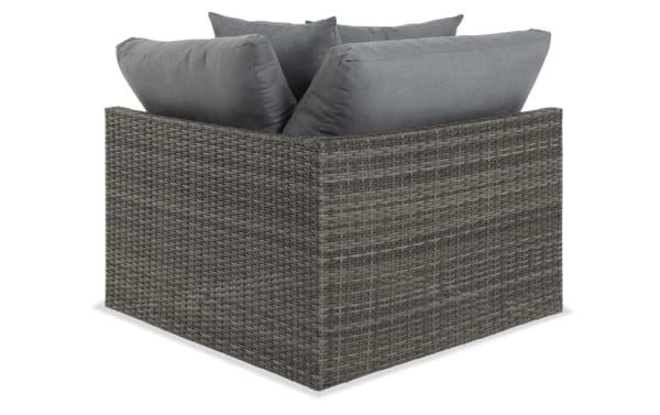 Dream Gray Wicker Outdoor Corner Chair with gray all-weather wicker, aluminum frame, and reversible gray polyester cushions from Dream Outdoor collection.