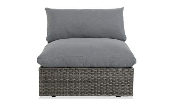 Dream Gray Wicker Outdoor Armless Chair with deep gray polyester cushions, all-weather wicker, and rust-free aluminum frame from Dream Outdoor collection.