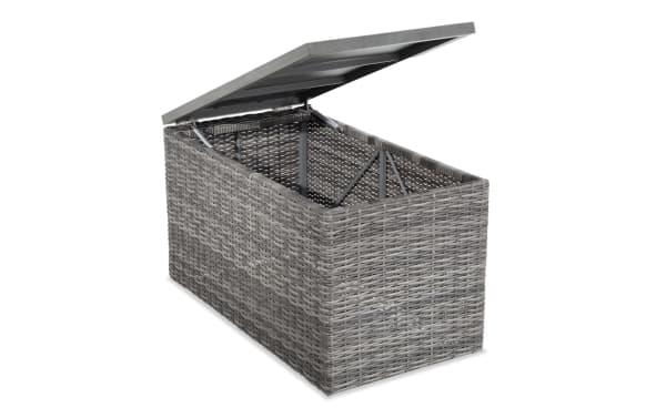 Dream Gray Wicker Outdoor Storage Console from Dream Outdoor collection, transitional style with all-weather gray wicker and rust-free aluminum frame, featuring a hinged lid for versatile outdoor storage.