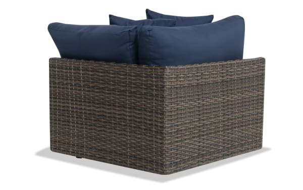 Dream Navy & Brown Wicker Outdoor Corner Chair from Dream Outdoor collection, transitional style with navy polyester cushions, all-weather wicker, and powder-coated aluminum frame.