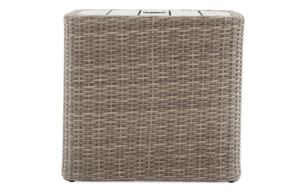 Outdoor wicker side table with a square shape, taupe synthetic rattan weave, and light wood slatted top, suitable for patio or garden use.