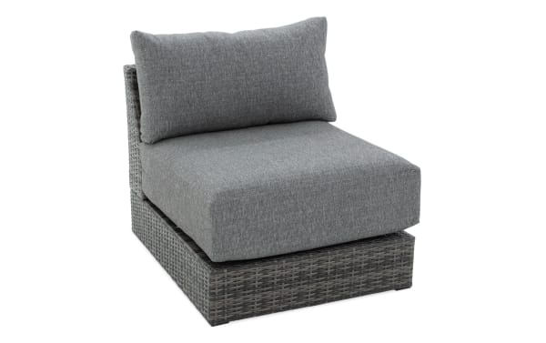 Modular Bob® Gray Wicker Outdoor Armless Chair with gray polyester cushions, all-weather wicker base, and rust-proof aluminum frame in transitional style.