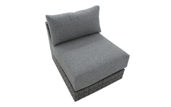 Modular Bob® Gray Wicker Outdoor Armless Chair with gray polyester cushions, all-weather wicker, aluminum frame, transitional style, memory foam seat.