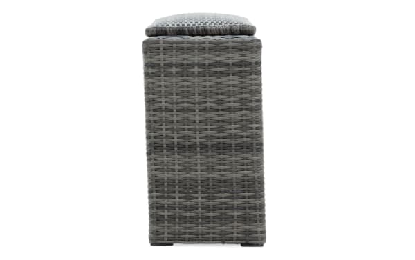 Transitional Modular Bob® Gray Wicker Outdoor Storage Console with rust-proof aluminum frame, all-weather gray wicker, and built-in storage.