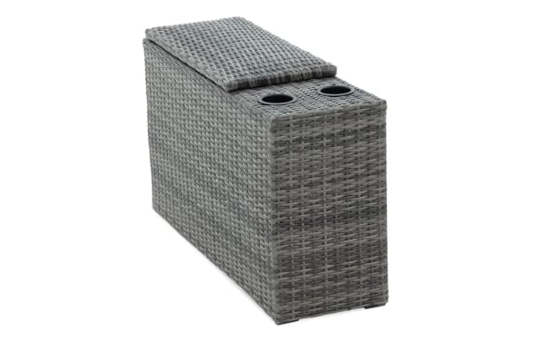 Gray wicker outdoor storage console from the Modular Bob® Outdoor collection, featuring rust-proof aluminum frame, all-weather wicker, built-in storage, and dual cup holders in a transitional style.
