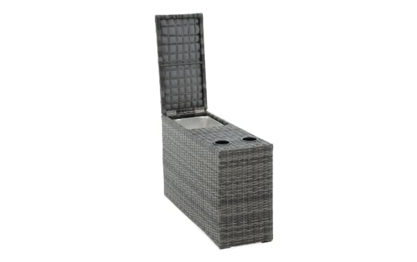 Modular Bob® Gray Wicker Outdoor Storage Console with rust-proof aluminum frame, all-weather gray wicker, built-in storage compartment, and dual cup holders, Transitional style from Modular Bob Outdoor collection.