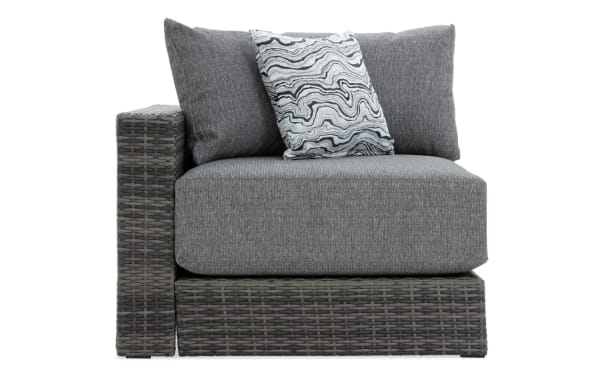 Gray Modular Bob® wicker outdoor left arm facing chair with aluminum frame, all-weather wicker, and plush polyester cushions in transitional style.
