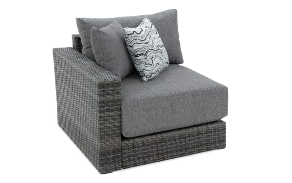 Modular Bob® Gray Wicker Outdoor Left Arm Facing Chair with gray all-weather wicker, rust-proof aluminum frame, and plush polyester cushions in transitional style.