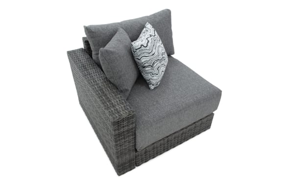 Modular Bob® Gray Wicker Outdoor Left Arm Facing Chair in transitional style, featuring gray all-weather wicker, rust-proof aluminum frame, and plush polyester cushions with memory foam.