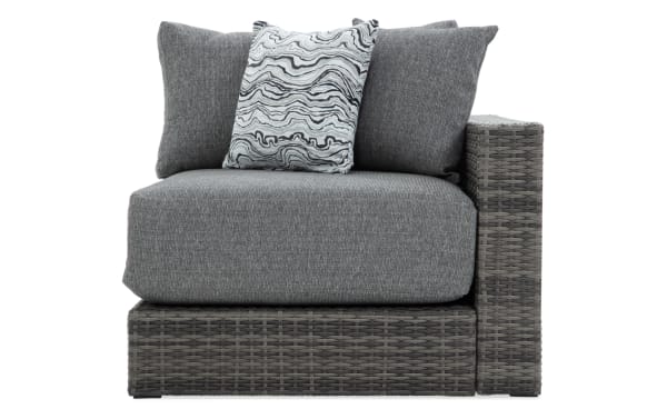 Modular Bob® Gray Wicker Outdoor Right Arm Facing Chair in transitional style, featuring gray all-weather wicker, rust-proof aluminum frame, and plush gray polyester cushions with memory foam.