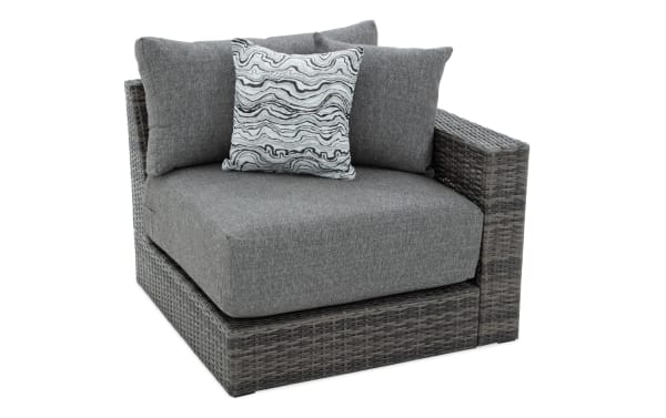Modular Bob® Gray Wicker Outdoor Right Arm Facing Chair with gray all-weather wicker, rust-proof aluminum frame, and plush polyester cushions in transitional style.