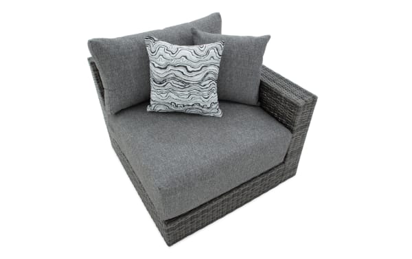 Modular Bob® Gray Wicker Outdoor Right Arm Facing Chair in transitional style with gray all-weather wicker, rust-proof aluminum frame, and plush polyester cushions.