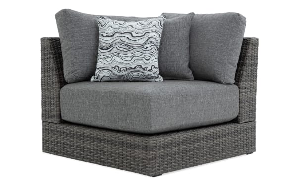 Modular Bob® Gray Wicker Outdoor Corner Chair in transitional style, featuring gray all-weather wicker, rust-proof aluminum frame, and plush polyester cushions with memory foam.