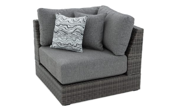 Modular Bob® Gray Wicker Outdoor Corner Chair with all-weather wicker, rust-proof aluminum frame, and gray polyester cushions from Modular Bob Outdoor collection.