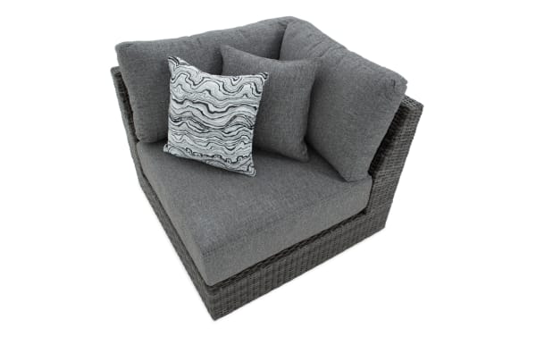 Modular Bob® Gray Wicker Outdoor Corner Chair with gray all-weather wicker, rust-proof aluminum frame, and plush polyester cushions in transitional style.