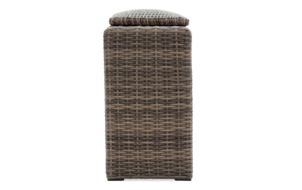 Transitional Modular Bob® Brown Wicker Outdoor Storage Console with rust-proof aluminum frame, all-weather brown wicker, and cushioned top.